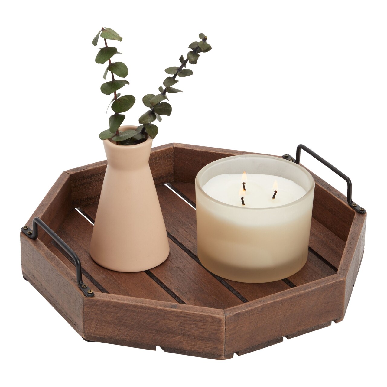 Farmlyn Creek Decorative Rustic Wooden Serving Tray with Metal Handles for Candles, Coffee Table, Farmhouse Home Decor (11.75 x 11.75 x 2.75 In)